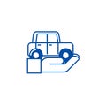 Auto insurance,car in hand line icon concept. Auto insurance,car in hand flat vector symbol, sign, outline illustration Royalty Free Stock Photo