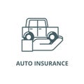 Auto insurance,car in hand line icon, vector. Auto insurance,car in hand outline sign, concept symbol, flat illustration Royalty Free Stock Photo