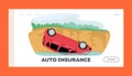 Auto Insurance Landing Page Template. Broken Car Fall from Cliff into Water, Automobile Lying on Roof. Accident, Damage