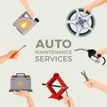 Auto maintenance services set with green car in picture centre