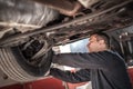 Auto master mechanic checks condition of the brakes and wheels