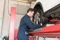 Auto Mechanic Adjusting Car Tire In Repair Shop Royalty Free Stock Photo