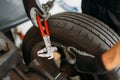 Auto mechanic balancing wheel, tire service Royalty Free Stock Photo