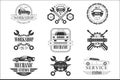 Auto Mechanic Black And White Emblems. Classic Style Vector Monochrome Graphic Design Logo Set With Text