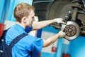 Auto mechanic at car brake shoes replacement