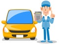 Auto mechanic and car showing a calculator