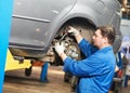 Auto mechanic at car suspension repair work Royalty Free Stock Photo