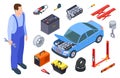 Auto mechanic and car tool. Isometric technician, auto industrial equipment, car vector elements