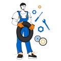 Auto mechanic cartoon character with car wheel, cartoon vector illustration isolated