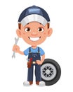 Auto mechanic cartoon character. Cheerful automechanic holding wrench Royalty Free Stock Photo