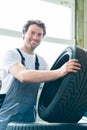 Auto mechanic changing tire in car workshop Royalty Free Stock Photo