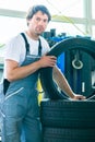 Auto mechanic changing tire in workshop Royalty Free Stock Photo