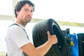 Auto mechanic changing tire in workshop Royalty Free Stock Photo