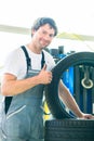 Auto mechanic changing tire in workshop Royalty Free Stock Photo