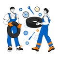 Auto mechanic characters with wheels, cartoon vector illustration isolated