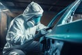 auto mechanic in hazmat suit and mask polishing car at auto service. Generative AI