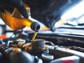 Auto mechanic pouring oil into the car engine. Auto service industry. Generative AI