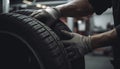 Auto mechanic repairing car tire in workshop generated by AI