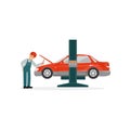 Auto mechanic repairing red car lifted on auto hoist vector Illustration on a white background Royalty Free Stock Photo