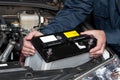 Auto mechanic replacing car battery Royalty Free Stock Photo