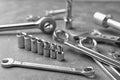 Auto mechanic`s tools on table Royalty Free Stock Photo