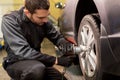 Auto mechanic with screwdriver changing car tire