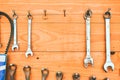 Auto mechanic tools pegboard on the wooden wall mount Royalty Free Stock Photo