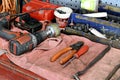 Auto Mechanic Tools on a Workbench with Pliers, Screwdriver, Wrench and Power Drill Royalty Free Stock Photo