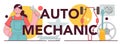 Auto mechanic typographic header. Mechanic in uniform check