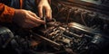 Auto mechanic working in auto repair service. Mechanic repairing car engine with AI generated. Royalty Free Stock Photo
