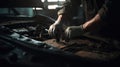 Auto mechanic working in auto repair shop. Close-up of hands and car engine. Generative AI