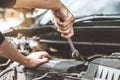 Auto mechanic working in garage Technician Hands of car mechanic working in auto repair Service and Maintenance car check