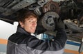 Auto mechanic working under the car and changing clutch Royalty Free Stock Photo