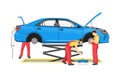 Auto Mechanics and Lifted Car Vector Illustration