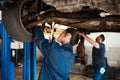 Auto mechanics provide a service that is invaluable. two mechanics working under a car. Royalty Free Stock Photo