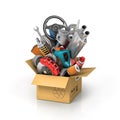 Auto parts in the card box. Royalty Free Stock Photo