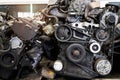 Auto parts and secondhand engine components in auto spare parts store. Spare parts of vehicle in warehouse