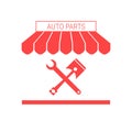 Auto Parts Shop, Car Repair Single Flat Vector Icon. Striped Awning and Signboard Royalty Free Stock Photo