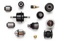 Auto parts: silent blocks, thermostats, filter, sensors, ball bearings, lie on a flat surface