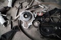 auto parts Timing belt kit and water pump removed from the car.Car valve adjuster pulley Royalty Free Stock Photo