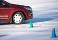 Auto racing on ice close up, Winter tyres in extreme cold temperature