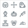 auto racing line icons. linear set. quality vector line set such as cap, speedometer, podium, muffler, race track, driver, timing