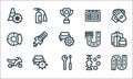 Auto racing line icons. linear set. quality vector line set such as circuit, tools, motorbike, racing car, accident, disc brake,