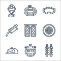 auto racing line icons. linear set. quality vector line set such as shock breaker, stopwatch, cap, wheel, traffic light, muffler, Royalty Free Stock Photo