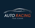 Auto racing symbol on dark blue background. Silver sport car log Royalty Free Stock Photo