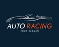 Auto racing symbol on dark blue background. Silver sport car log Royalty Free Stock Photo