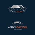 Auto racing symbol on dark blue background. Silver sport car