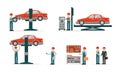 Auto Repair Service Center Vector Illustrations Set. Tire Servicing Person Working