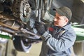 Auto repair service. Mechanic inspecting car suspension