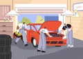 Auto repair service. Mechanic stand near open hood of car, examine engine. People do maintenance of electrician of Royalty Free Stock Photo